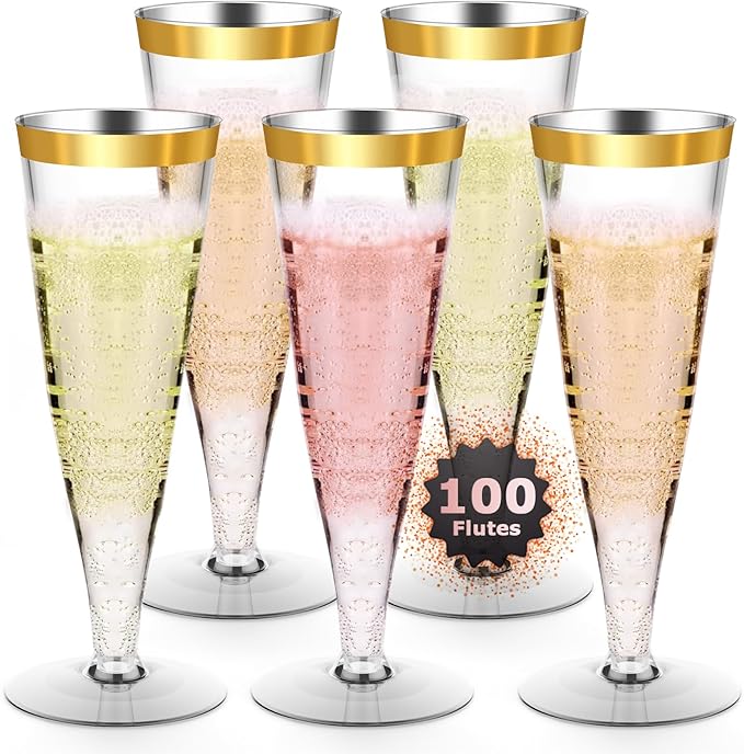 100 Pack Plastic Champagne Flutes Gold Rim Disposable Champagne Glasses, 4.5 Oz Mimosa Glasses Bulk Cocktail Toasting Cups for Party Supplies Wedding Bride Bar, Copas De Plastico Para Brindis