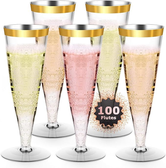 100 Pack Plastic Champagne Flutes Gold Rim Disposable Champagne Glasses, 4.5 Oz Mimosa Glasses Bulk Cocktail Toasting Cups for Party Supplies Wedding Bride Bar, Copas De Plastico Para Brindis