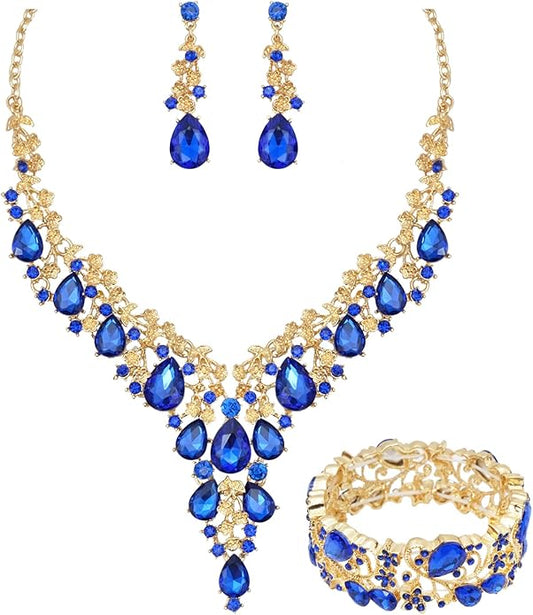 CSY Elegant Crystal Costume Jewelry Sets Flower Bridal Necklace Earrings Stretch Bangle Set for Bride Bridesmaid Wedding Dress Accessories