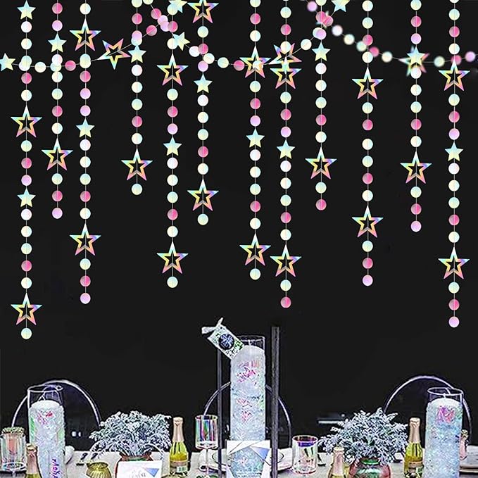 Iridescent-Disco Holographic-Euphoria Star Party-Decoration Garland - 52ft Neon Twinkle Twinkle Little Star Streamers,Wedding Birthday Bachelorette Baby Bridal Shower Engagement Lasting Surprise