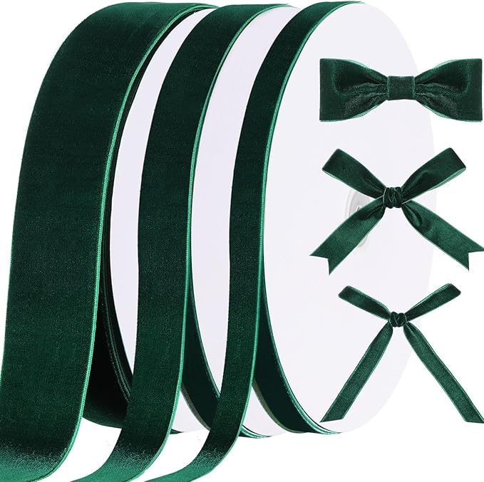 Yilloog 3/8'' 1'' 2'' 90 Yards Christmas Velvet Ribbon Vintage Satin Fabric Velvet Ribbon Roll for Christmas Tree Ornaments Decoration Gift Wrapping Bow DIY Crafts (Green)