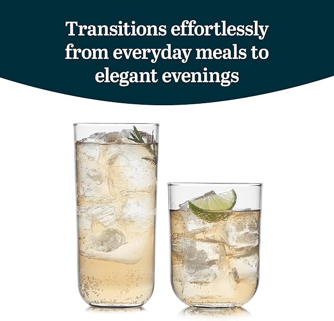 Libbey Polaris Tumbler and Rocks Glass Set, Elegant Drinkware Glasses Set, Lead-Free Tall Drinking Glasses with Modern Clean Lines, Dishwasher Safe Drinking Glasses Set of 16, Axis