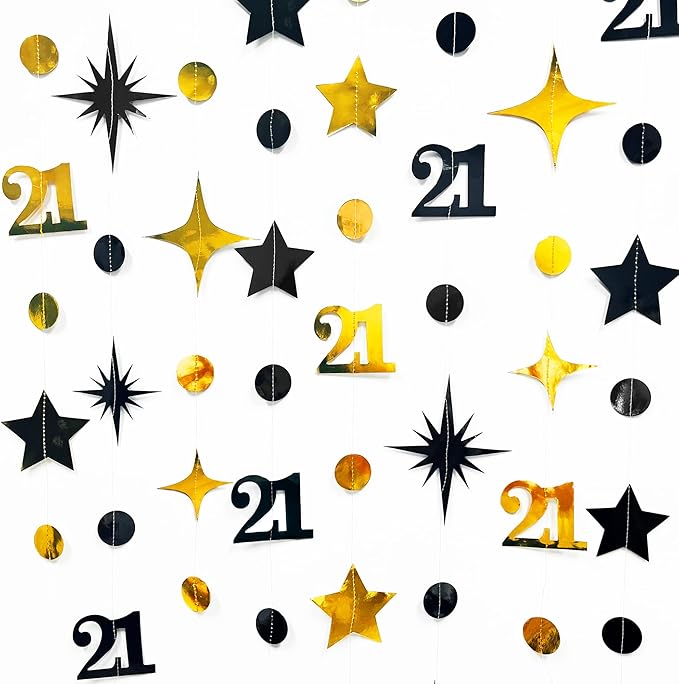 Black Gold 21st Birthday Decorations Number 21 Circle Dot Twinkle Star Garland Hanging Streamer Banner Backdrop for Girls Boys Cheers to 21 Years Finally Legal Bday 21st Anniversary Party Supplies