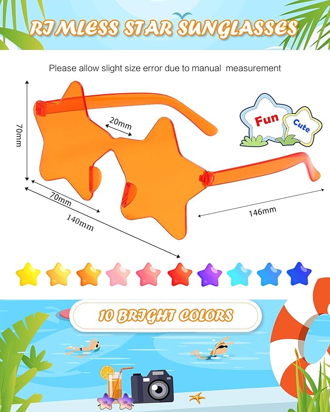 40 Pairs Rimless Star Sunglasses Bulk Wholesale Transparent Candy Color Star Glasses for Women Men Party Favors