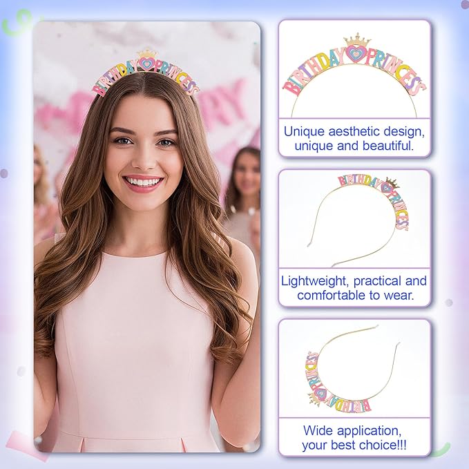 Birthday Headband,Happy Birthday Headband for Women,Princess Birthdays Crown Tiara, Colorful Heart Design,Great Gifts Crown Gift Party Decorations for Women Girls