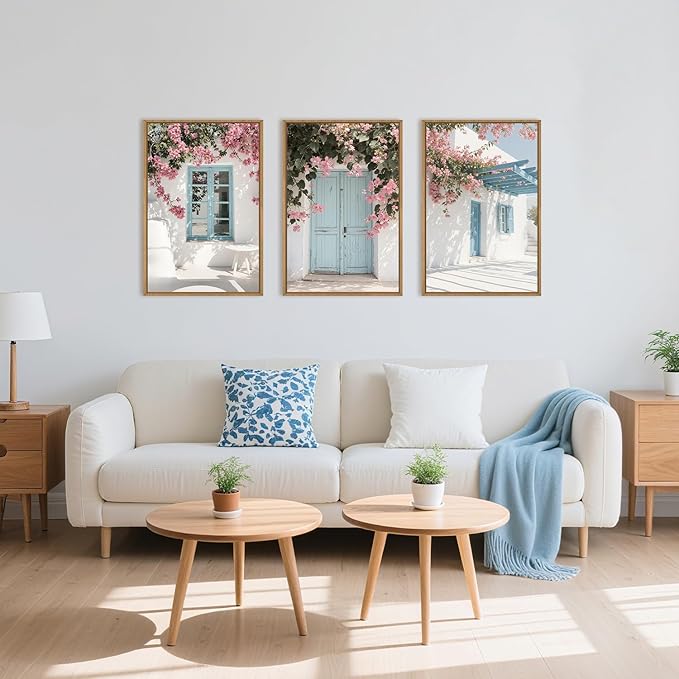 HOURIA Modern Greek Island Cityscape Framed Canvas Wall Art Set,European White House Blue Door Shutter Landscape Wall Decor,Santorini Natural Pink Flower Artwork for Living Room, Bedroom-24 x36 x3