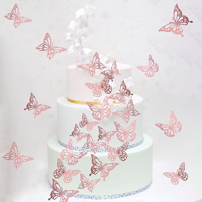 40 PCS Lively 3D Butterfly Cupcake Toppers - Laser Cut Hollow Butterfly Cake Decorations for Baby Shower, Wedding, Anniversary & Birthday Parties - Mixed Styles, Rose Gold