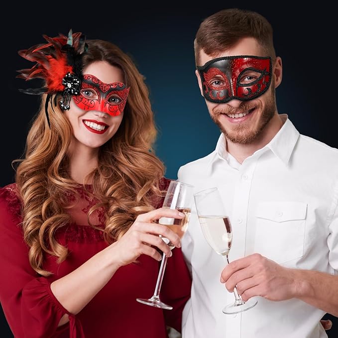 2025 New Masquerade Mask with Feather for Couples - Women's Masquerade Mask with Feather & Men Venetian Costume Mask