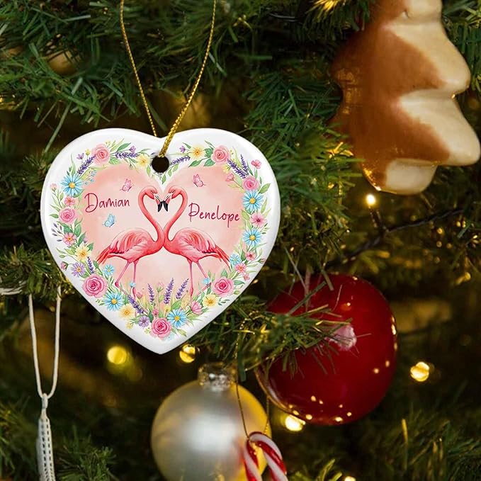 Couple Flamingo Marriage Christmas Heart Ornament 2025, Personalized Ornament Gift for Just Married Wedding, Pink Flamingo with Floral Keepsake, Custom Names Couple Bird Ceramic Ornaments Xmas