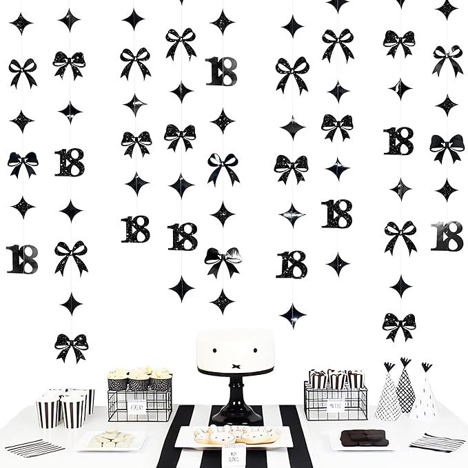 Black 18th Bow Birthday Decorations Glitter Conquette Bow Garland Streamer Banner Backdrop for Girls Boys Happy 18th Birthday Time to Adult Cheers to 18 Years Old Anniversary Party Supplies