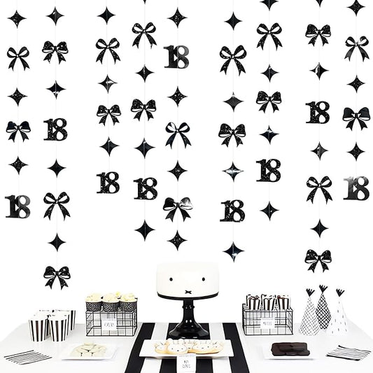 Black 18th Bow Birthday Decorations Glitter Conquette Bow Garland Streamer Banner Backdrop for Girls Boys Happy 18th Birthday Time to Adult Cheers to 18 Years Old Anniversary Party Supplies