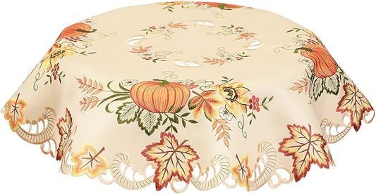 Simhomsen Small Embroidered Fall Autumn Harvest Pumpkins Tablecloth Toppers for Thanksgiving (Round 34 inches)