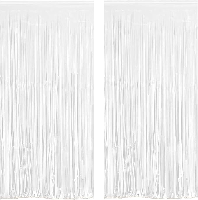 White Foil Fringe Curtain 3.3×8.3FT 2 Packs, Metallic Tinsel Curtains Party Streamers for Birthday Graduation Baby Shower Decoration (2pcs,3.3FT×8.3FT, White)