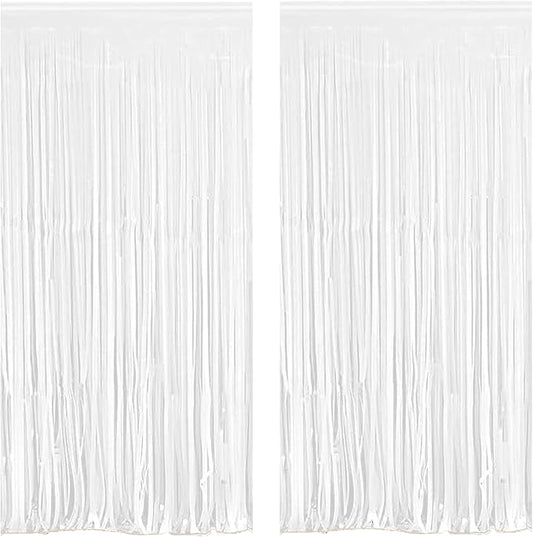 White Foil Fringe Curtain 3.3×8.3FT 2 Packs, Metallic Tinsel Curtains Party Streamers for Birthday Graduation Baby Shower Decoration (2pcs,3.3FT×8.3FT, White)
