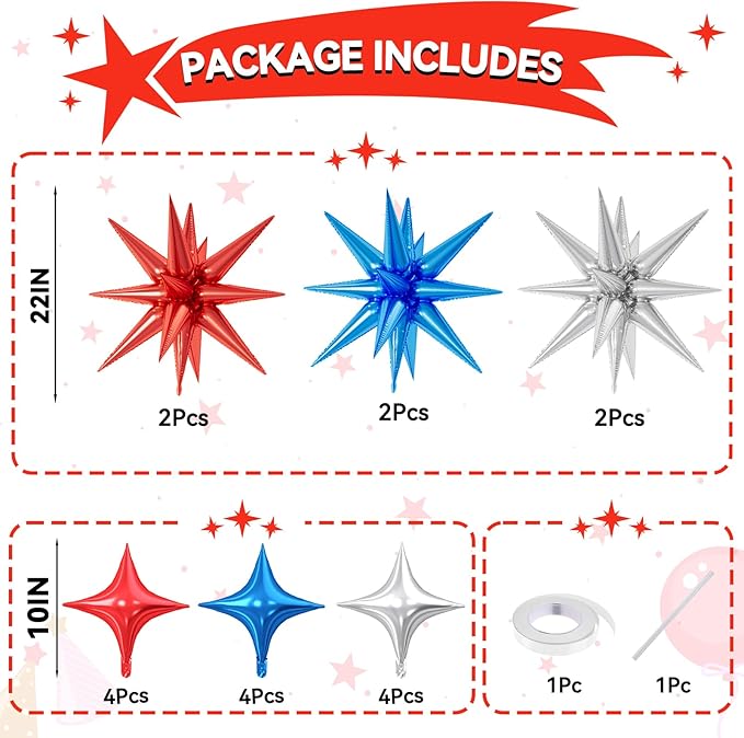 18 Pcs Blue Red Star Balloons, Silver Red and Blue Balloon with 6 Pcs 22-Inch Explosion Star Balloons 12Pcs 10-Inch Four Pointed Stars Foil Balloon for Graduation Baby Shower Birthday Party Decor