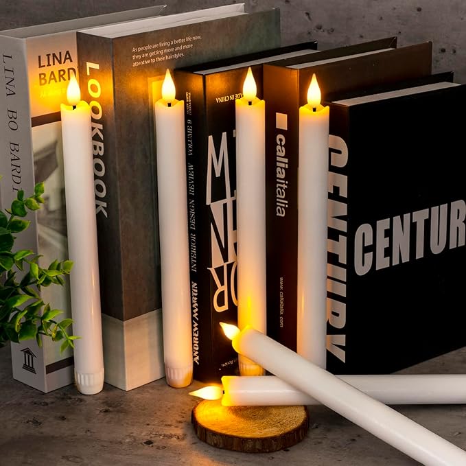 Homemory 12 Pcs Waxy Flameless Taper Candles with Remote, Flickering Battery Operated, LED Flameless Candlesticks, Classic Tall Taper Candles for Home, Wedding, Party, White, 9.6 inches