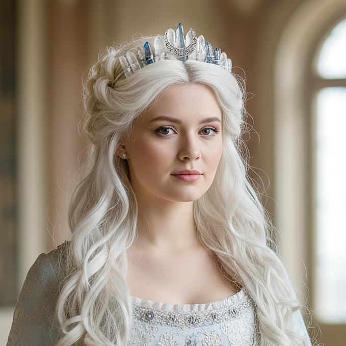 Fairy Elf Crystal Headband for Women - Fantasy White Quartz Moon Witch Crown, Fairy Princess Bridal Queen Headpiece for Renaissance Halloween Wedding Pageant Prom Headwear