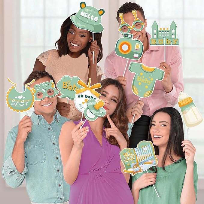 SUNBEAUTY 36 PCS Sage Green Baby Shower Photo Booth Props - Neutral Greenery Oh Baby Decorations