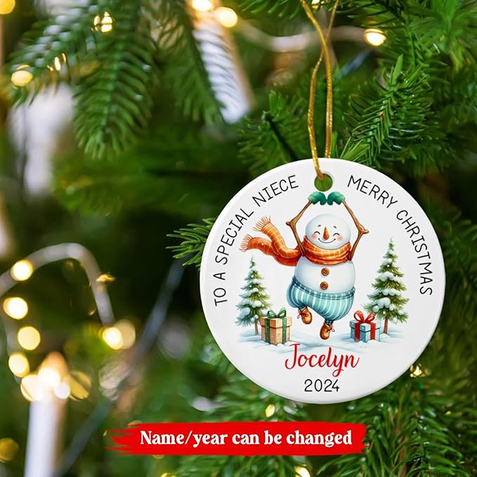 Personalized Niece Snowman Ceramic Ornament Christmas with Name, to a Very Special Niece Merry Christmas Customized Ornament, Special Niece Snowman Xmas Tree Keepsake Ornament Gifts from Auntie Uncle