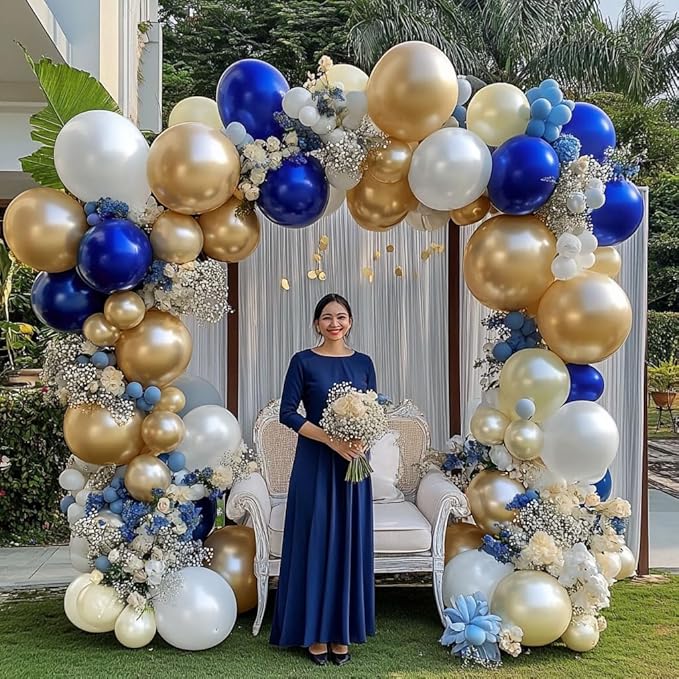 Royal Blue and Gold Balloon Garland - Double Stuffed Pearl Sand White Blue Gold Balloons Arch Kit for Birthday Graduation Anniversary Bachelorette Wedding Baby Shower Party Decoration