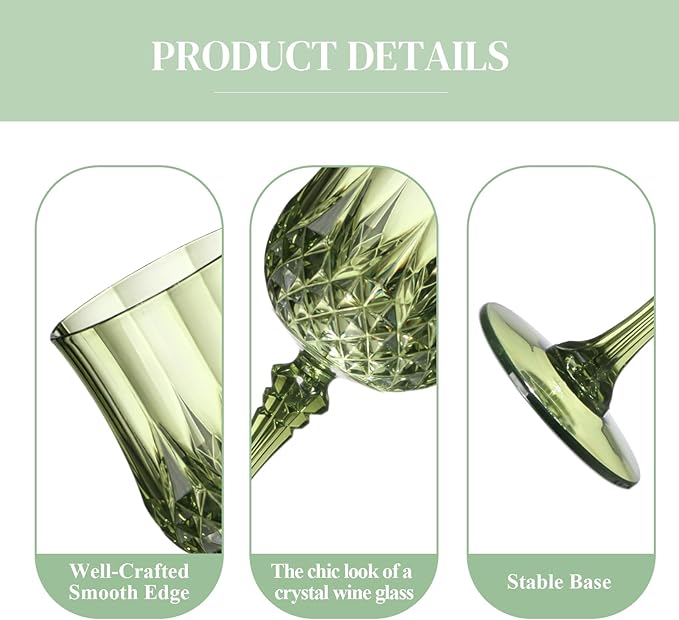 XUWAIDSGN 24 Pcs 7oz Plastic Vintage Wine Glasses Drinking Glasses Unbreakable Wedding Glassware Crystal Water Goblets Reusable Drinkware Vintage Champagne Flutes (24, Dark Green)