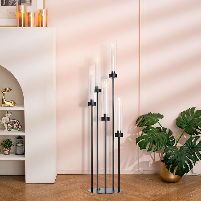 39.8''Matte Black Candle Holder with Acrylic Shades Tall 5 Arm Candelabra Black Table Centerpiece for Wedding Living Dining Room Fireplace Decoration Fit 0.98''LED Taper