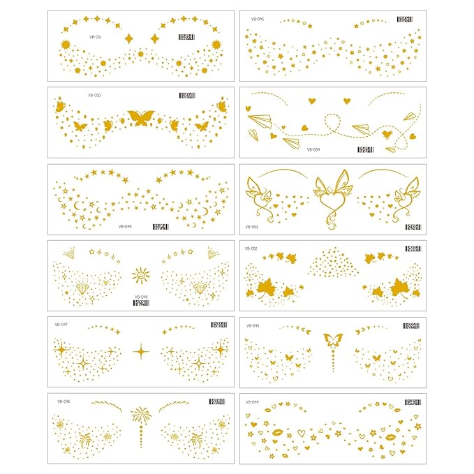12 Pcs Gold Face Temporary Tattoo Sticker, Glitter Metallic Freckle Face Tattoo Stickers, Glitter Freckles, Sparkle Makeup Patches Face Tattoo for Women Girls Party Decor 655