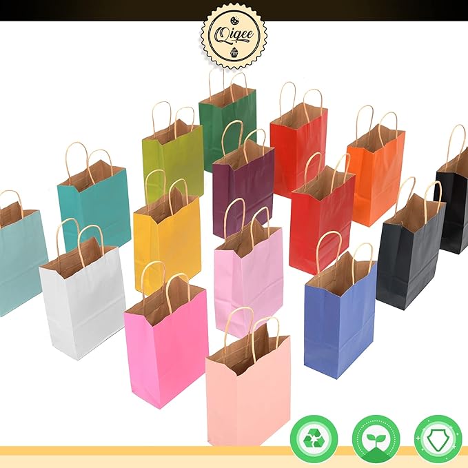 qiqee Large Kraft Paper Bags with Handles Bulk 13"x10"x5" 32-Packs Gift Bags 16 Different Senior Color Bags Multiple Uses（Large Size）