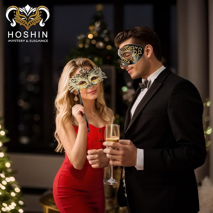 Hoshin Masquerade Mask for Couple, Mardi Gras Deecorations Venetian Masks with Stick for Womens