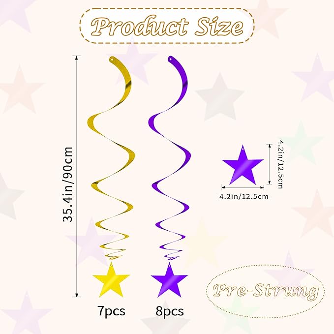 BEISHIDA Purple Gold Star Hanging Swirl Decorations, Birthday Hanging Party Supplies for Graduation Wedding Baby Shower Birthday Decorations,Pack of 15