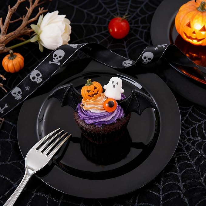 MENDENG 50PCS Black Plastic Plates for Party, 25x10.25 Dinner Plates & 25x7.5 Dessert Plates, Heavy Duty Disposable Plastic Plates for Party Halloween Picnic BBQ