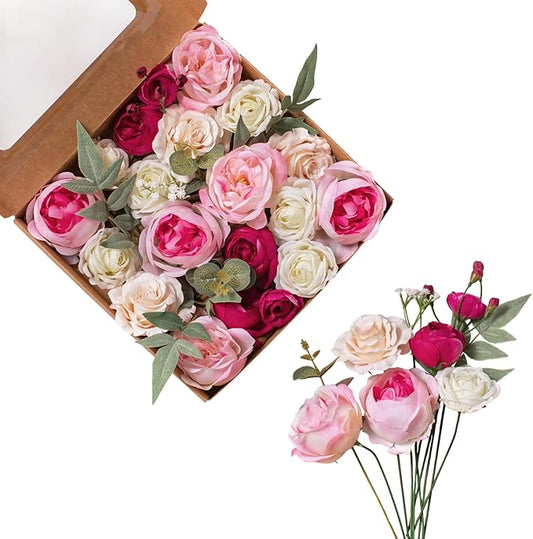 FANKO Rose Artificial Flowers Combo for DIY, Fake Pink Rose Silk Flowers Greenery, Faux Flowers for Wedding Bridal Bouquet, Baby Shower, Table Centerpieces, Floral Arrangement, Party Home Decoration