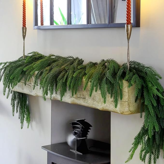 6ft Christmas Norfolk Pine Garland, Real Touch Artificial Greenery Garland for Holiday Mantle Table Wall Fireplace Windows Indoor Outdoor Home Decorations(1, 6FT)