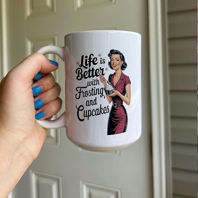 Retro Women Frosting & Cupcakes Sarcastic Coffee Drinking Cup, White Ceramic Mugs, 11oz 15oz