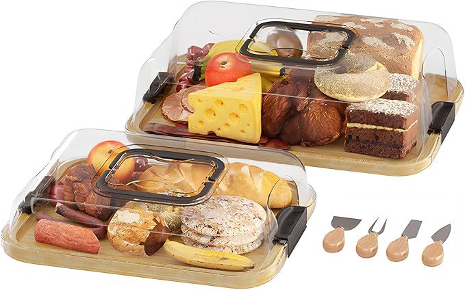 2-Pack Charcuterie Board with Lid 4" Heightened Lid - 14.2" & 13.4" Bamboo Trays Entertaining - Housewarming Warming Gifts New Home, Gifts for Women - Large Food Platter