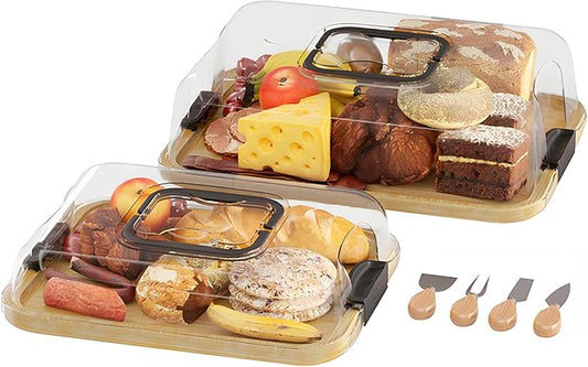 2-Pack Charcuterie Board with Lid 4" Heightened Lid - 14.2" & 13.4" Bamboo Trays Entertaining - Housewarming Warming Gifts New Home, Gifts for Women - Large Food Platter