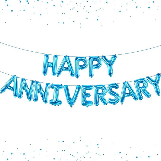 KatchOn Blue Happy Anniversary Balloons - 16 Inch, Foil with Happy Anniversary Banner and Backdrop