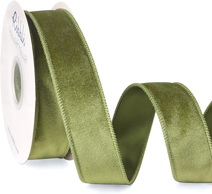Ribbli Olive Green Velvet Wired Ribbon 1.5 Inch Velvet with Satin Christmas Ribbon for Gift Wrapping Christmas Tree Decoration Crafts Wreaths Supplies-Continuous 10 Yards
