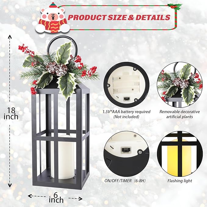 Christmas Lanterns Decorative Indoor Outdoor, 2 Pack Black Christmas Lantern, 18 Inch Timer Decorative Candle Lanterns Flameless Light with Pine Cones and Needles for Home, Party, Farmhouse Decor