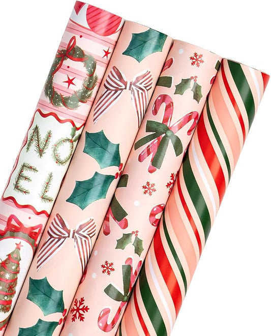 WRAPAHOLIC 30 Inch Christmas Wrapping Paper Roll - Jumbo Roll Red and Green Christmas Decor, Candy Canes, Holly and Bow Wrapping Paper - 4 Rolls - 30 Inch x 120 Inch Per Roll