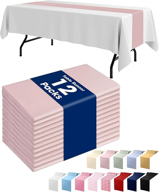 Pureegg Dusty Pink Plastic Table Runners - 12 Pack, 14'' x 108'', Water Resistant & Disposable Centerpiece Decorations for Table Cloth, Wedding, Birthday, Holiday, Baby Shower, Party, Home Decor