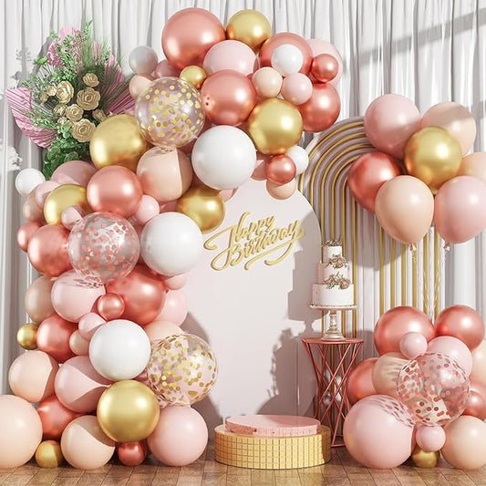 Rose Gold Balloon Arch Kit Nude Light Pink Gold Confetti Party Balloon Garland Metallic Pink White Pastel Orange Balloons for Women Princess Baby Shower Bridal Wedding Brithday Party Decor