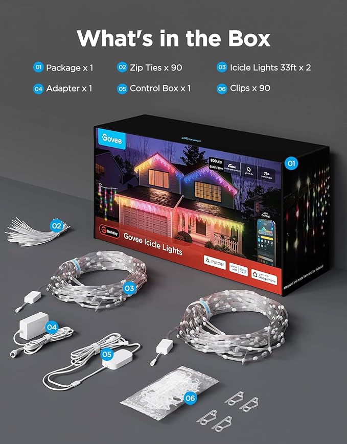 Govee Icicle Lights, Smart RGBIC Christmas Lights for Outside, 66ft with 800 LEDs Icicle Light for Outdoor, IP67 Waterproof, Music Sync, Voice Control, 78+ Scene Modes for Halloween Decor