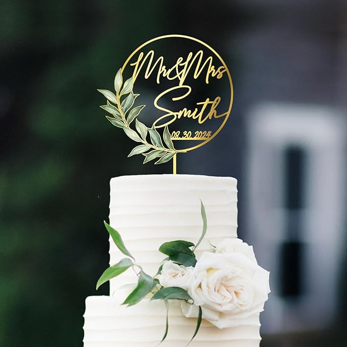 Mr & Mrs Wedding Cake Topper with Green Leaves Custom Last Name and Date Personalized Round Frame Cake Decoration in Acrylic and Wood