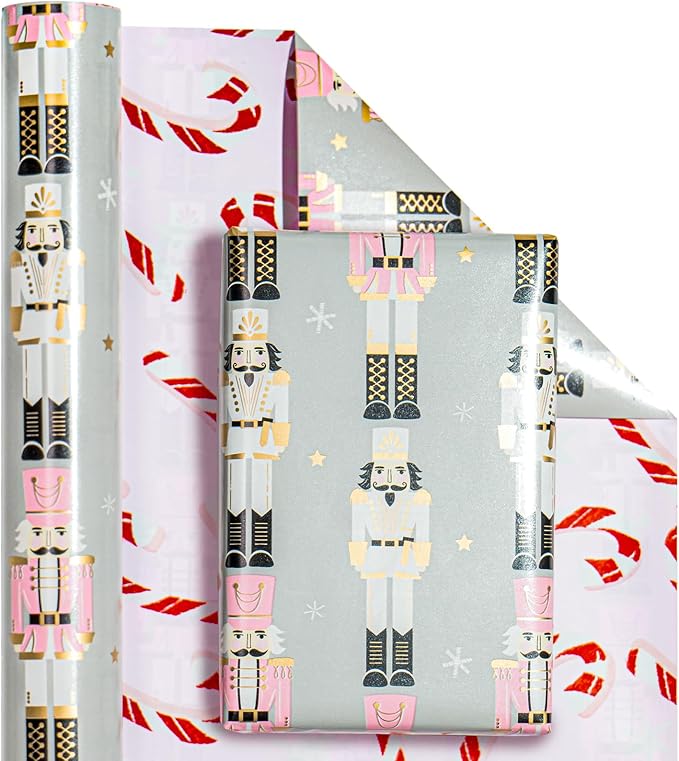 WRAPAHOLIC Reversible Nutcracker Christmas Wrapping Paper - Mini Roll - 17 Inch x 33 Feet - Nutcracker and Candy Cane Design Printed on Pearlized Paper for Chrsitmas, Holiday, Party Celebration