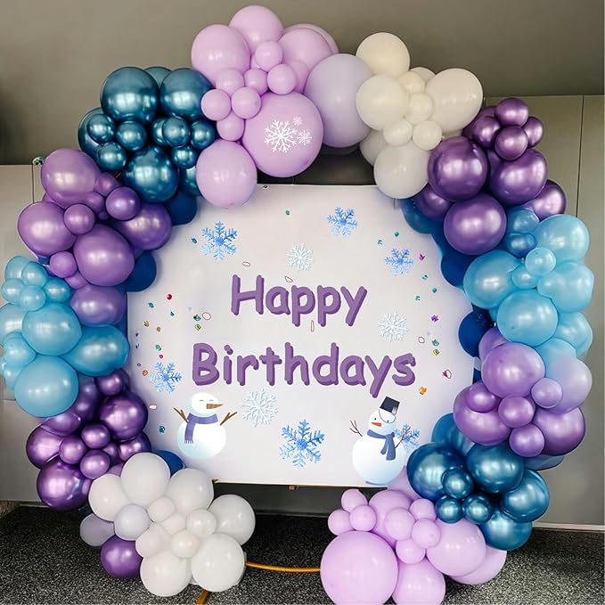 Blue Purple Snowflake Balloons Set, 12 Inch Metallic Blue Purple Balloon Snowflake Confetti Latex Balloons Metallic Silver Girls Birthday Party Decoration for Children Winter Birthday Party Supplies