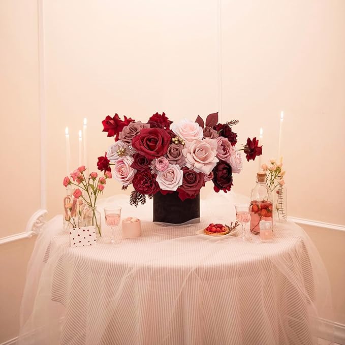 Roses Artificial Flowers Burgundy Fake Flower Bulk for DIY Wedding Bouquet Bridal Baby Shower Centerpiece Table Decorations Cake Decorating Silk Faux Floral Arrangements Party Home Decor Dusty