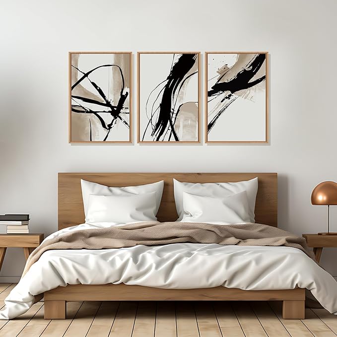 HOURIA Large Abstract Tan and Black Brush Stroke Framed Canvas Wall Art Set,Textured Beige Circle Wall Decor,Minimalism Brown Ink Line Artwork,Modern Shape Art Print for Living Room,Bedroom-16 x24 x3