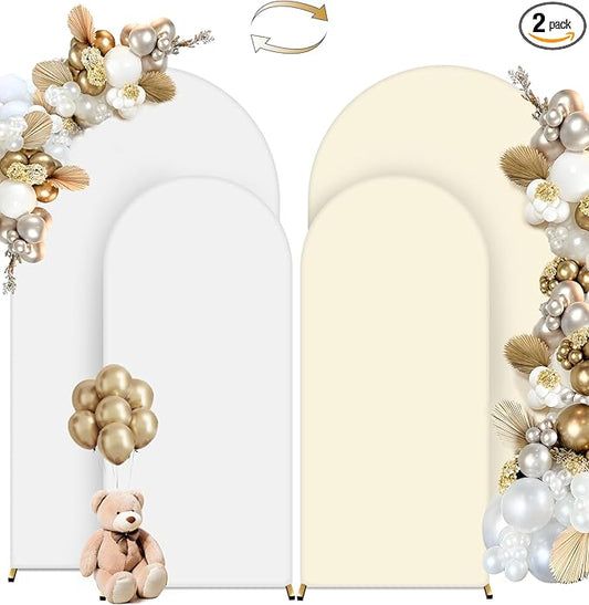 Hemmotop Double Color Wedding Arch Backdrop Cover, Set of 2 (7.2ft, 6ft), 2 Sided Stretchy Spandex Fitted Balloon Arch Stand Backdrop for Birthday Party, Baby Shower, White and Light Beige