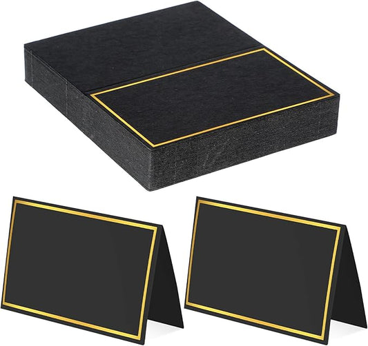 50Pcs Place Cards, Table Name Cards with Gold Foil, Place Card for Table Setting Food Labels for Party Buffet, Wedding Places Card Tent Carded for Dinner Parties,Events, Bridal Shower(Black)